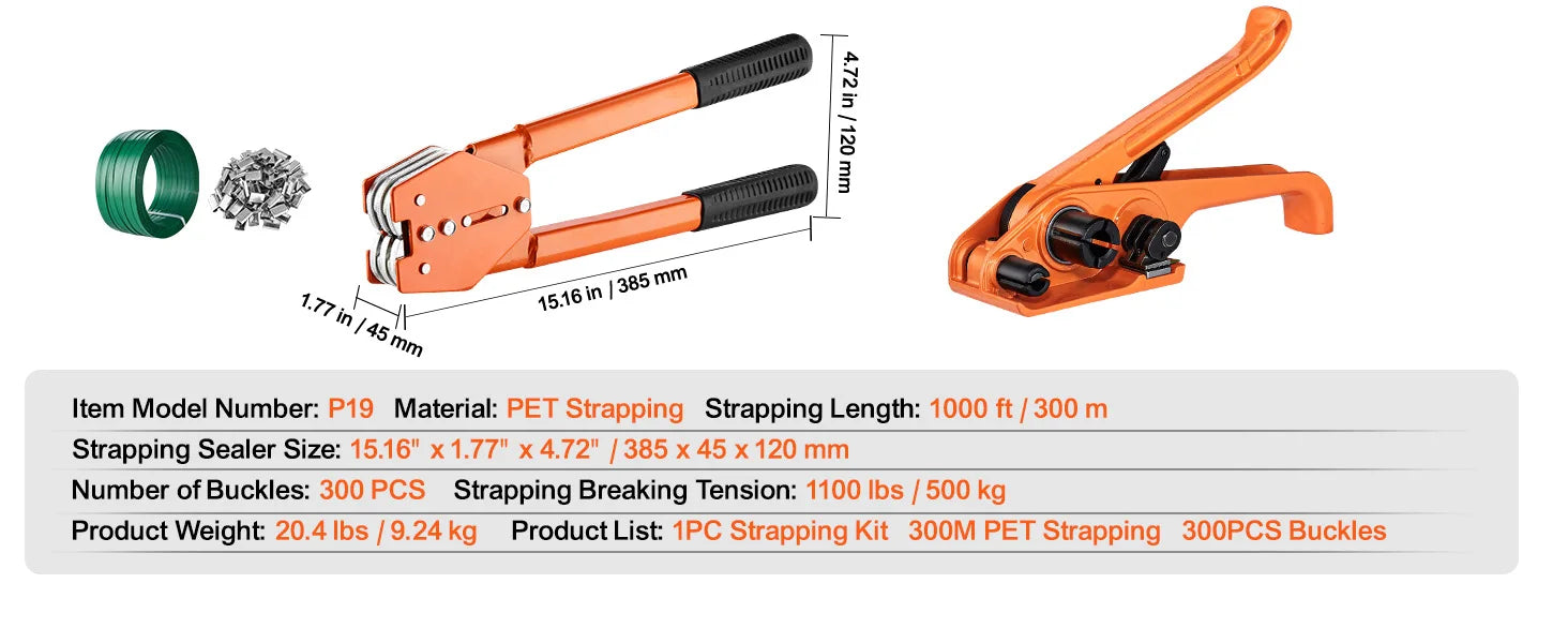 SucceBuy Manual Plastic Strapping Banding Machine Packing Strap Baler with Tension Tool 1000ft PET Band 300 Metal Seals Kit