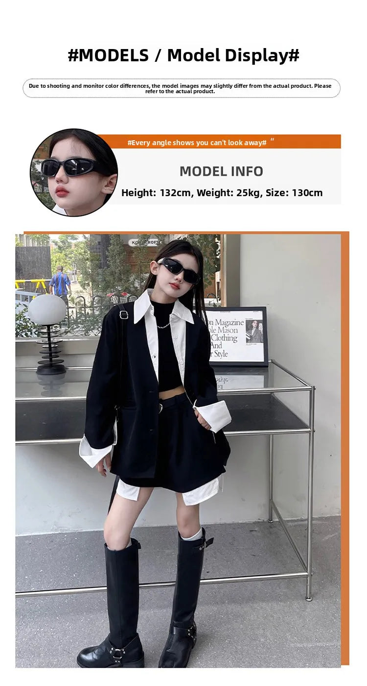 Girls' Suit Set Ages 5-14 Trendy Spliced Two-Piece Outfit with Jacket And Short Skirt for Children's Fashion Shows Machine Wa...