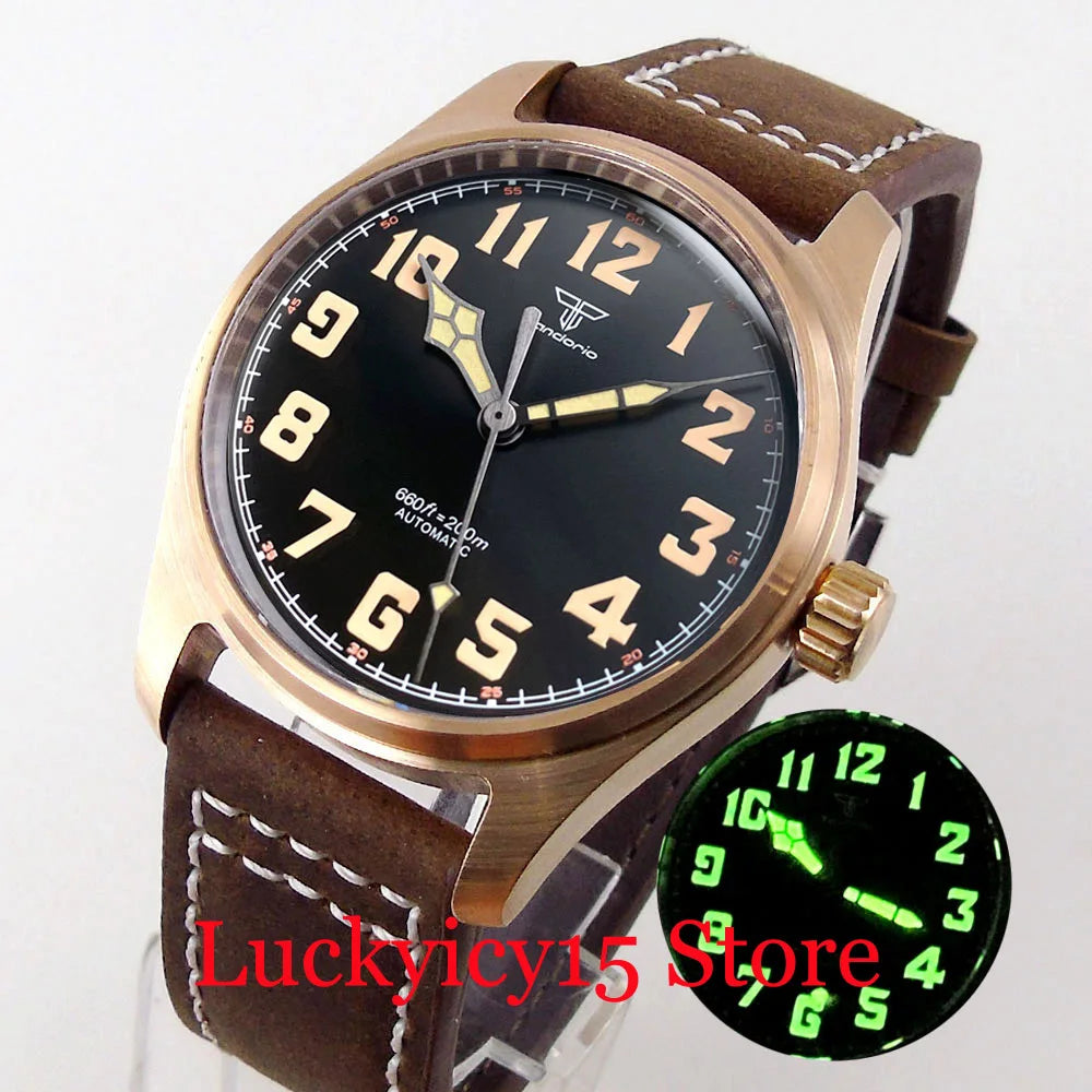 Tandorio Automatic Pilot Watch 39MM 20ATM NH35/PT5000 Movement Wristwatch Leather Strap Sapphire Green Lume Vintage Black Dial