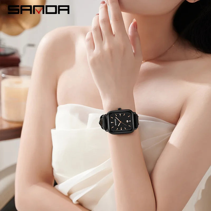 SANDA 1134 Women's Square Quartz Watch Black Fashion Crystal Waterproof Date Pointer Wristwatches for Ladies Watches Gift