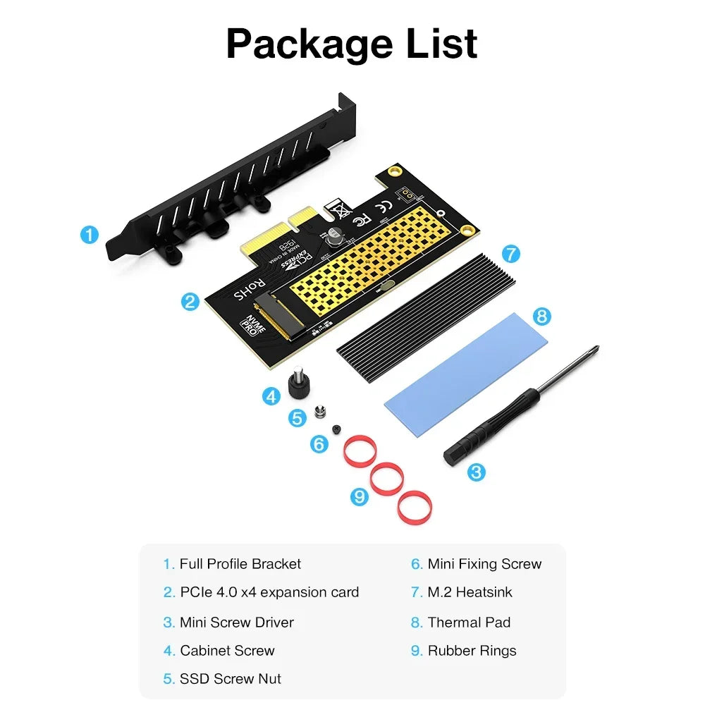 JEYI PCIe to NVMe Adapter With Aluminum SSD Heatsink Cooler, 64Gbps M.2 ssd PCIe 4.0 X4 X8 X16 Expansion Card for Desktop
