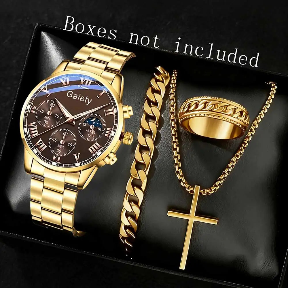 2/4PCS Men Watch Set Business Fashion Quartz Watch Bracelet Necklace Ring Set Suitable for Daily Clothing Matching Perfect Gift