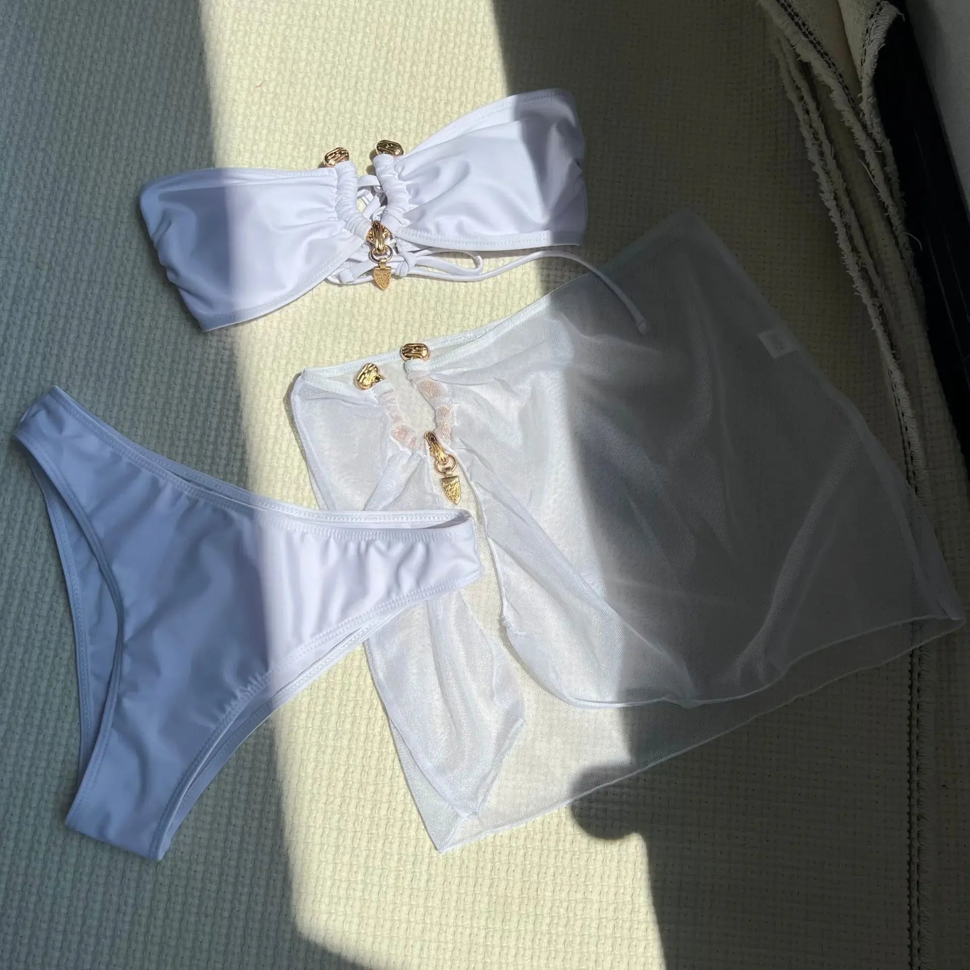With Mesh Skirt Bandeau Bikini Women Swimwear Female Swimsuit Three-pieces Bikini Set Metal Ring Bathing Suit Swim Beachwear
