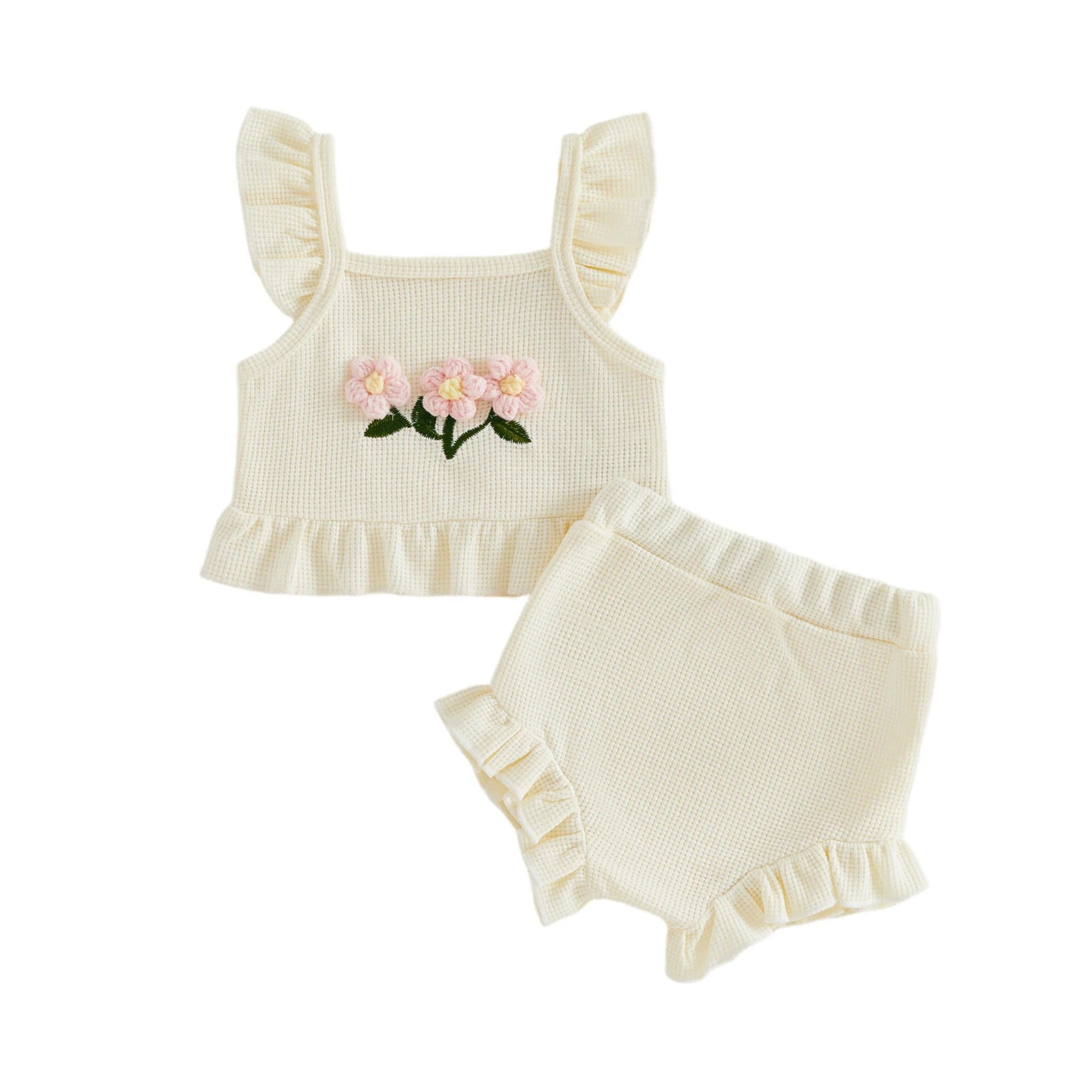 Toddler Kids Baby Girls Summer Clothing Outfits 3D Flower Ruffles Hem Fly Sleeve Tanks Tops Elastic Waist Shorts Holiday Clothes