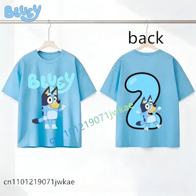 Bluey Birthday Number T-shirt 1-9 Y Kids Front Back Print Cute Cartoon Short Sleeve Boys Girls Summer Tops Birthday Party Gifts