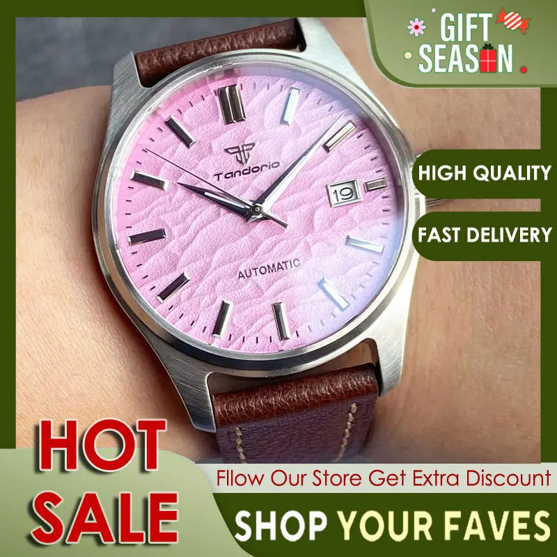 Tandorio Automatic 20ATM Diving Watch for Men Pink Dial Date NH35AA 200m Water Resist 39mm Sapphire Crystal Screw-in Crown