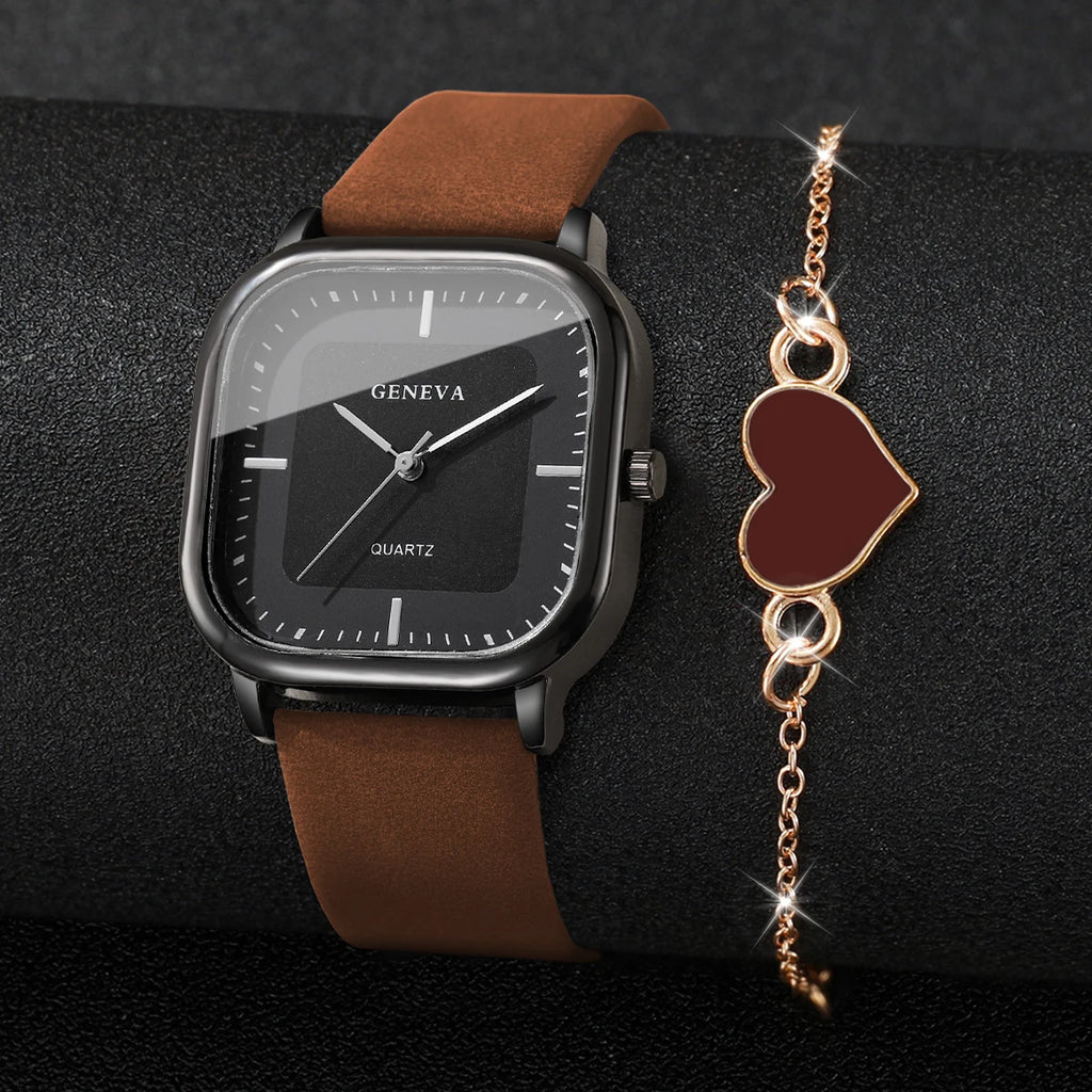 2PCS/Set Fashion Square Women Quartz Watch Ladies Leather Strap Wristwatch With Heart Bracelet Reloj Mujer (Without Box)