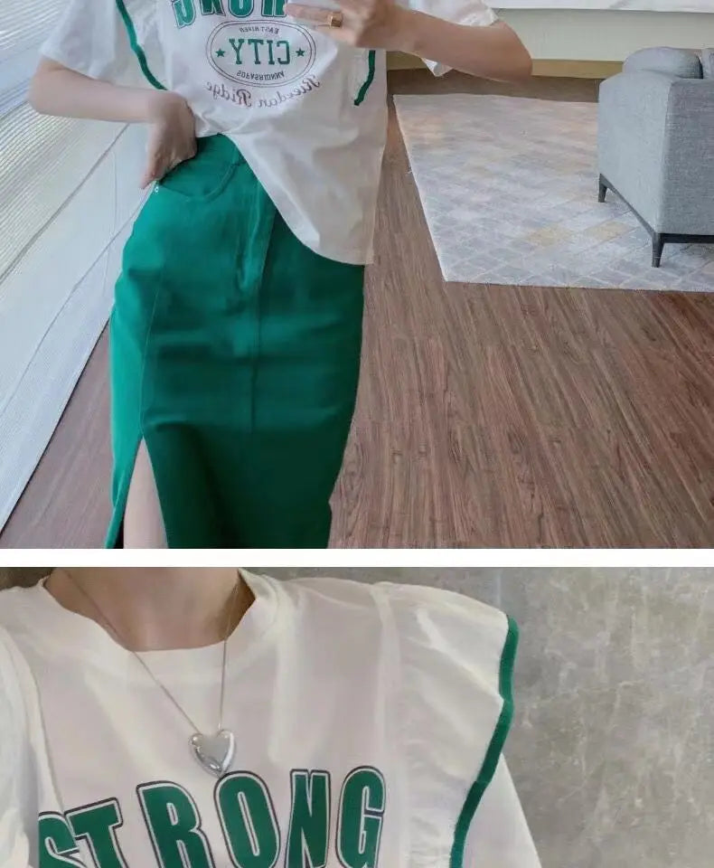 Summer 2024 Trendy Loose ort Sve T-irt Women's Top Design Sense Splicing Slimming Faionable Youthful Polyester Cotto...