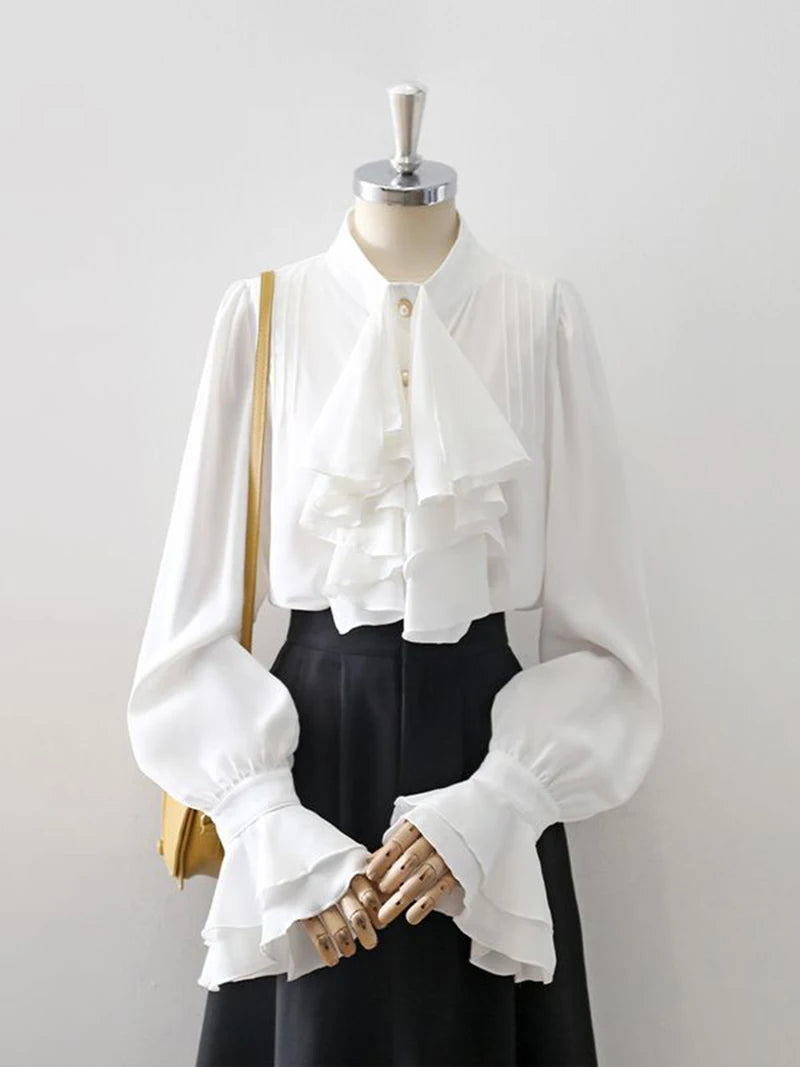 MEXZT Vintage White Shirts Women Elegant Ruffles Flare Long Sleeve Blouses Office Ladies Korean Single Breasted Design Chic Tops