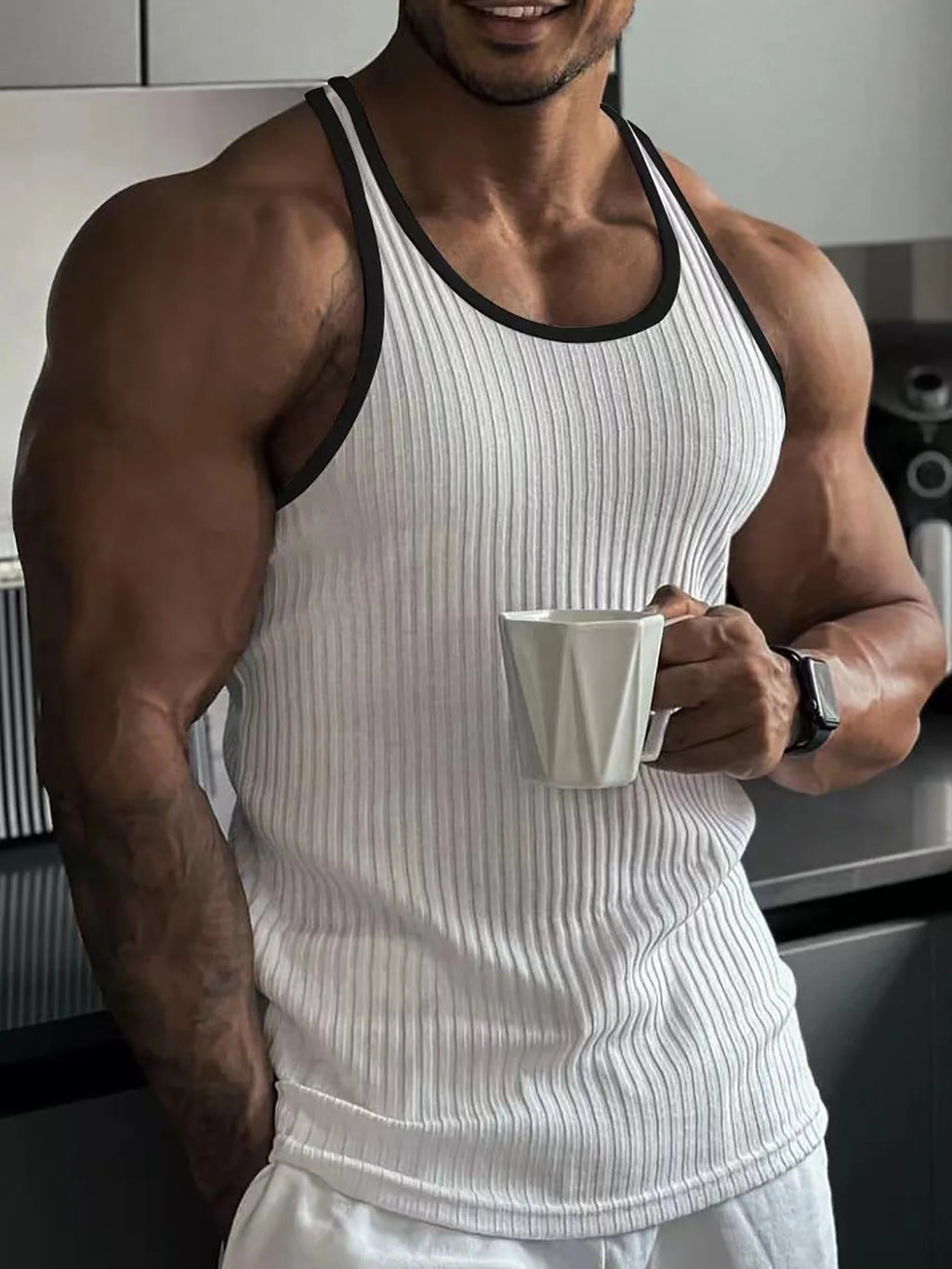 Summer Knitted Vertical Stripe Fitness Slim Vest for Men, Color-blocked Tank Top