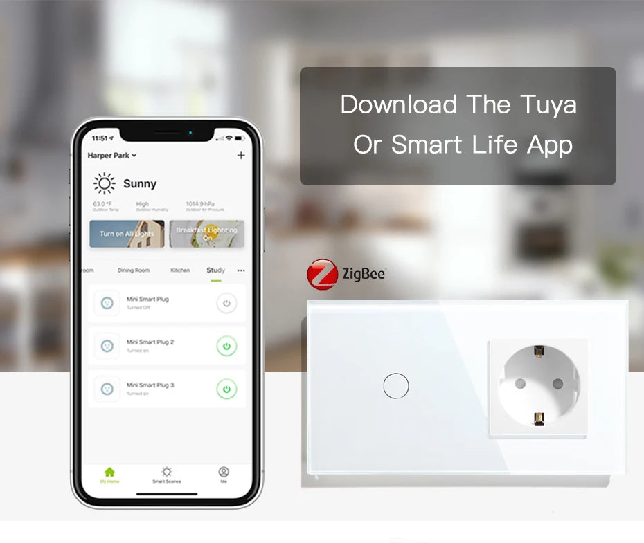 Bseed EU Zigbee Touch Switch 1/2/3Gang 2Way Smart Light Switch Wall Socket USB Type-C Charge Port Tuya Google Home Alexa Control