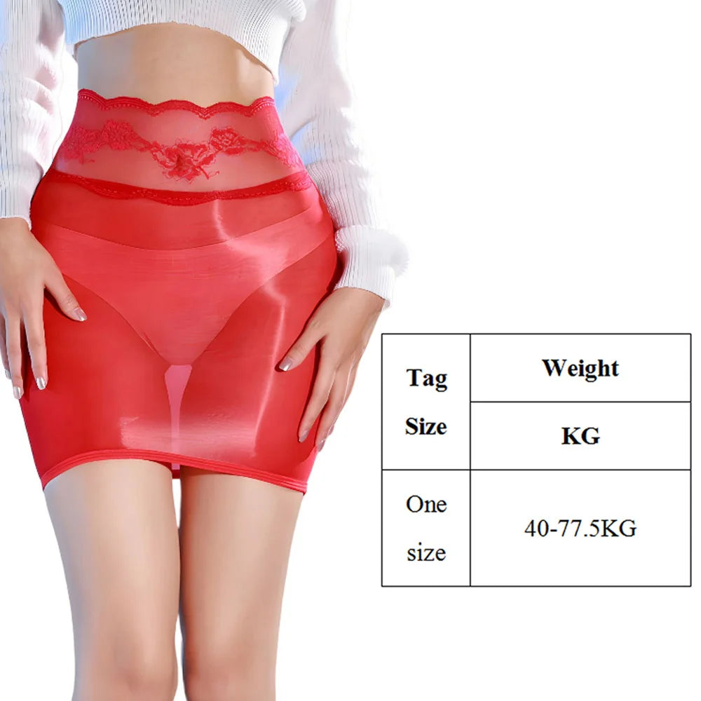 Women Sexy Oil Shiny Short Skirts See Through Tight Glossy Mini Skirt Elastic Pencil Skirt Transparent Lace Lift Hips Skirts
