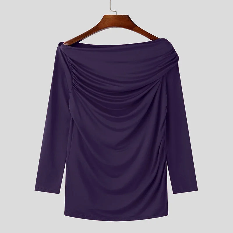 Sexy Fashion Style Tops INCERUN Men's Solid One-shoulder T-shirt Casual Clubwear Male Hot Sale Long Sleeved Camiseta S-5XL 2024