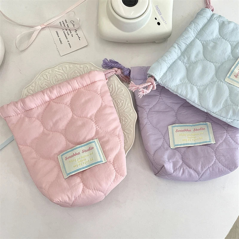 1PCS Portable Travel Camera Organizer Heart Printed Quilted Drawstring Bag Handbag Cosmetic Makeup Lipstick Storage Bag