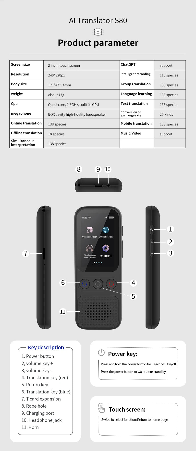 Language Translator Offline Voice Photo Translation WiFi Portable Translator 138 Languages Translator Device for Travel Business