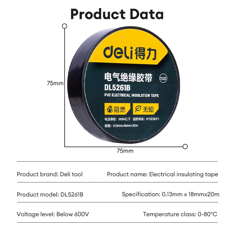 Deli 1Pcs 10m/20m Electrical Tape PVC Electrical Flame Retardant Insulation Waterproof Tape Pressure Resistant Electrical Tape
