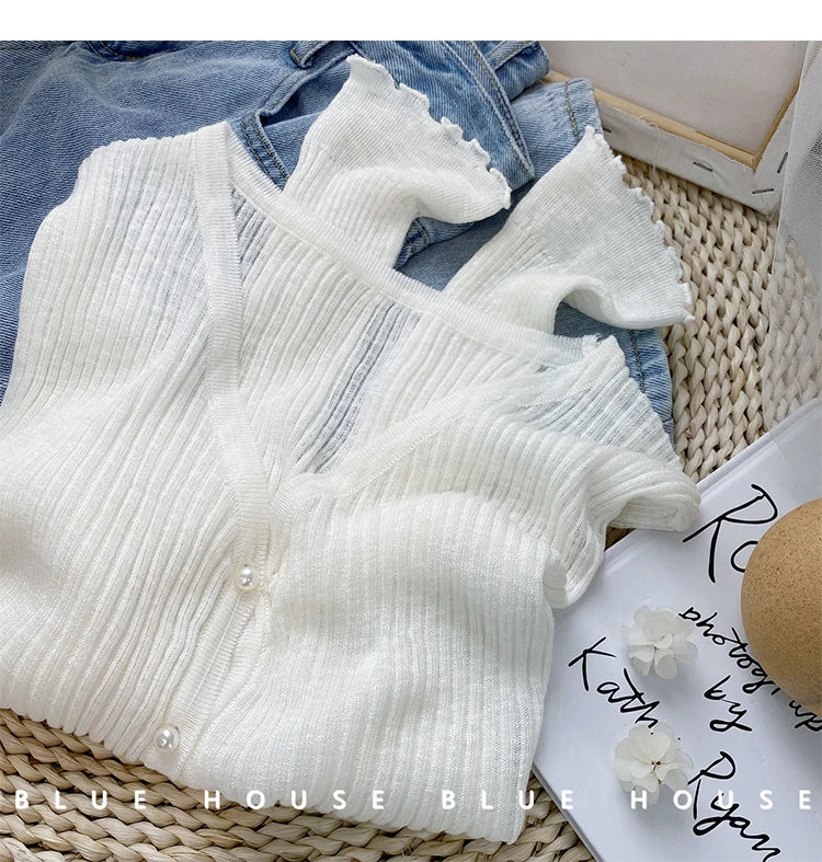 Women 2026 Spring Summer Short Pearl Button Thin Casual Coat Gentle Ruffle Trim Long Sleeve Ice Silk Sunscreen Knitted Cardigan