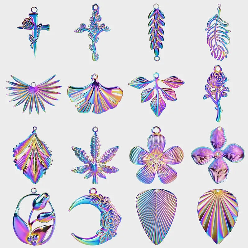 Rainbow Plant DIY Pendant Charm Maple Leaves Foliage Tulip Stainless Steel Charms For Jewelry Making Supplies Handmade Materials