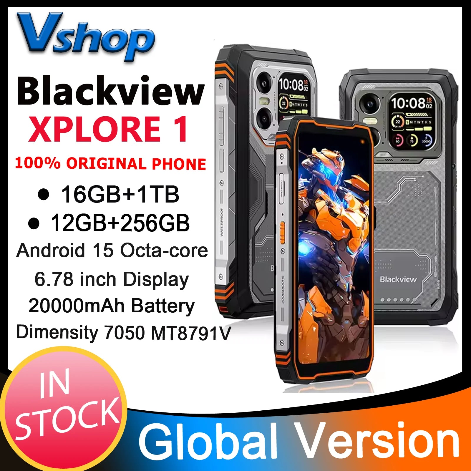 Blackview XPLORE 1 Rugged Phone 16GB+512GB 6.78'' 120Hz 2.4K Display 20MP Night vision Android 15 20000mAh 5G NFC Smartphone