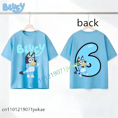 Bluey Birthday Number T-shirt 1-9 Y Kids Front Back Print Cute Cartoon Short Sleeve Boys Girls Summer Tops Birthday Party Gifts