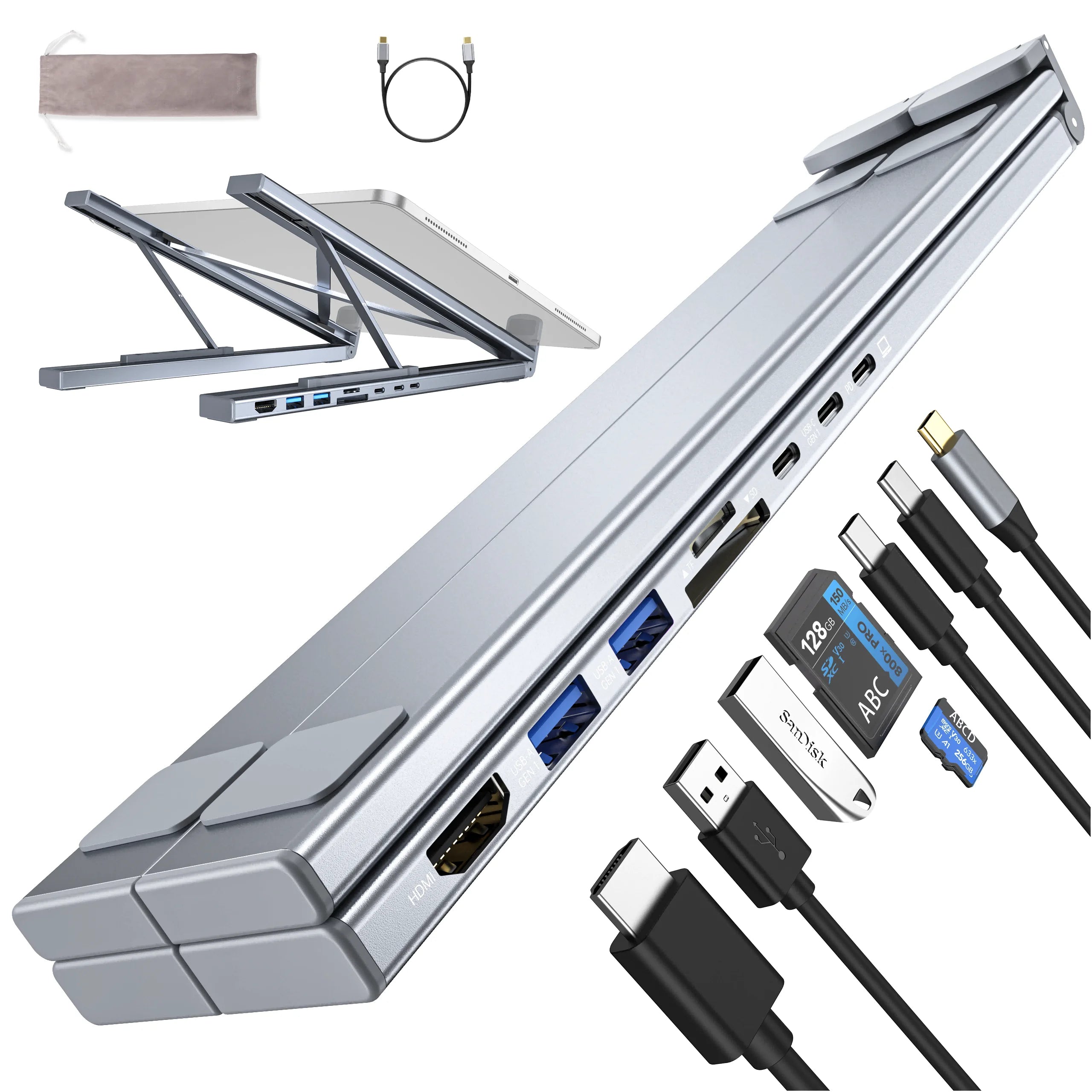 8-in-1 USB-C Laptop Stand With Docking Station Universal USB C Dock Tablet Stand Foldable Type-C Hubs Adapter Plug Play
