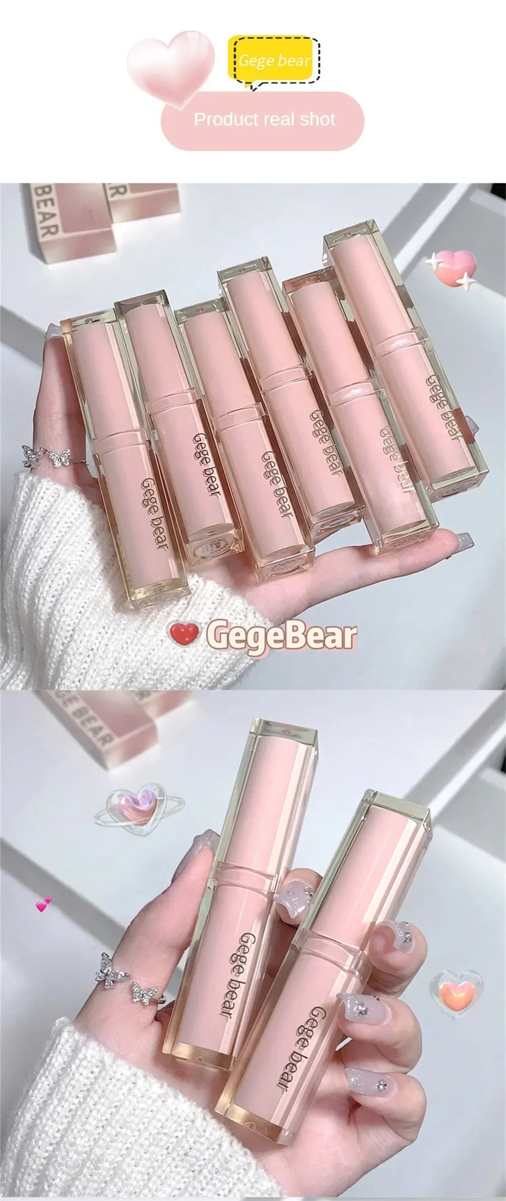 6 Colors Silky Glossy Lipstick Gege Bear Pump Lips Moisture Water  Comfortable Ultra Sheen Non-Stick Cup Lip Balm