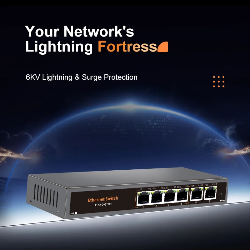 KeepLiNK 6-Port Multi-Gigabit Unmanaged Network Switch 4 X 2.5Gb RJ45 + 2 X 10Gb RJ45 for High-Speed Data Networking