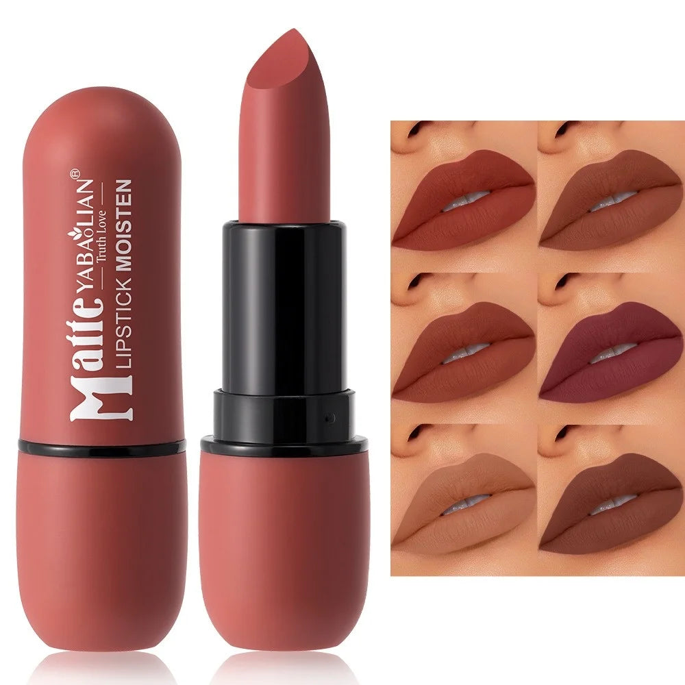 6 Colors Sexy Matte Lipstick Waterproof Long Lasting Color Rendering Non-stick Nude Brown Lipstick Pencil Woman Makeup Cosmetics