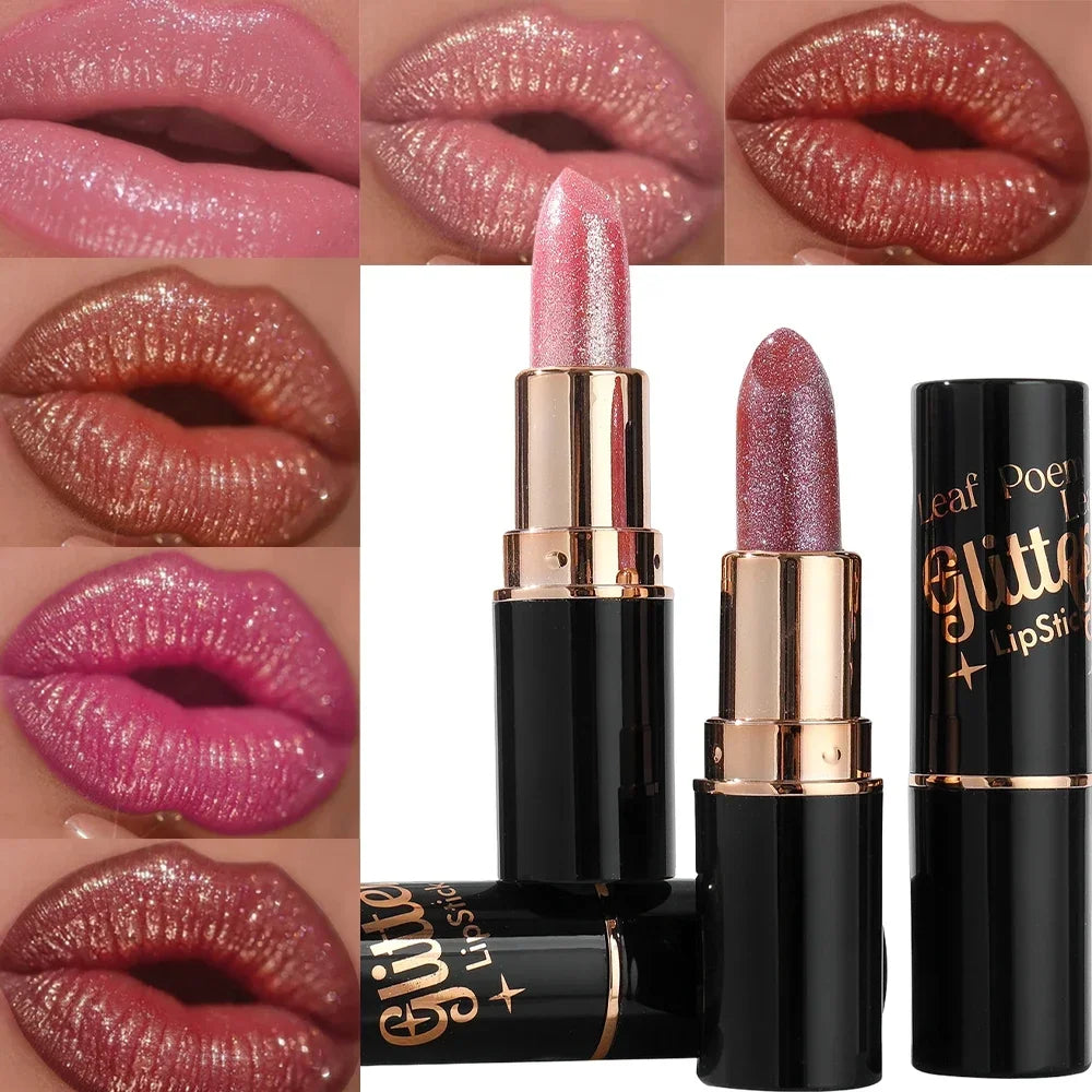 Black Tube Shiny Diamond Lipstick Pearl Moisturizing Glitter Lip Tint Balm Waterproof  Lasting Lip Gloss Shimmer Sexy Lip Makeup