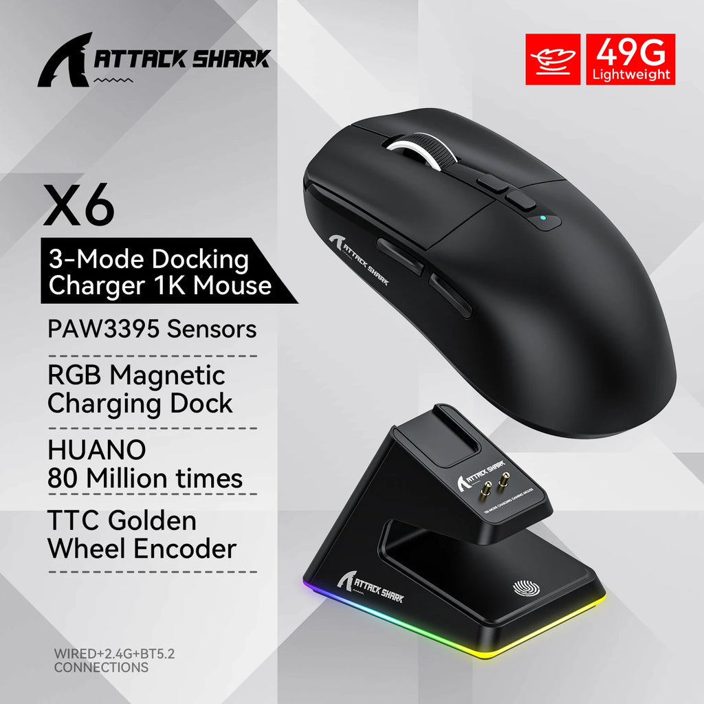 Attack Shark X6 Wireless Gaming Mouse Bluetooth Tri-Mode Connection,RGB Touch Magnetic Charging Base PAW3395 Macro Gaming Mouse