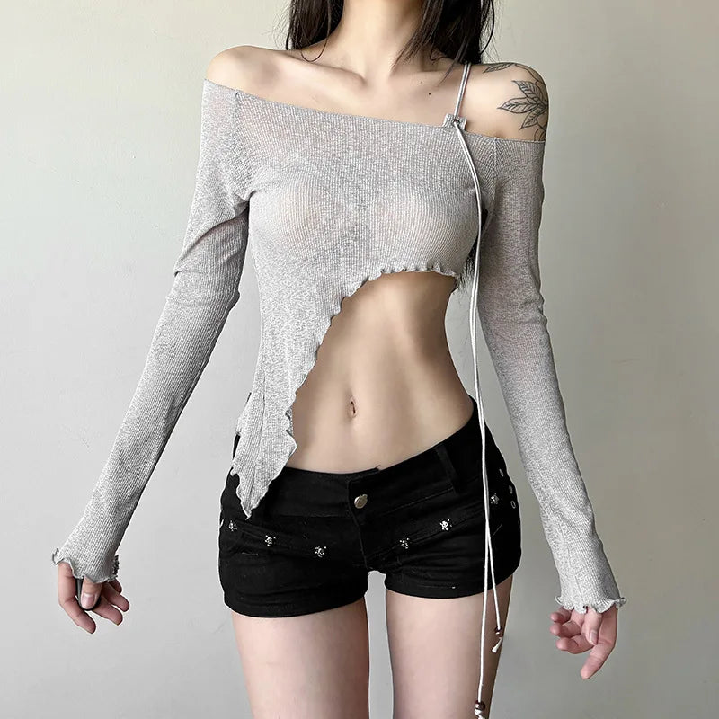 Asymmetrical T Shirts For Women Y2k Clothes Off Shoulder Sexy Streetwear Long Sleeve Crop Top Lace-up Camisetas Ropa De Mujer