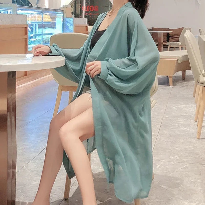 Long Shirts Women Summer Girls Sunscreen Clothing Seethrough Thin Loose Solid Simple Leisure All-match Korean Style Chiffon Tops