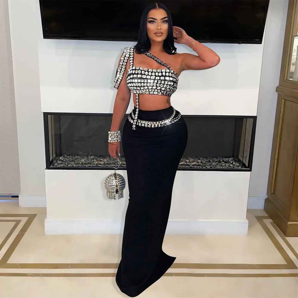 Women Dress Sets Floor Length Buttocks Skirts Two Pieces Set Matching Sets Diamonds Camisole High Street Party Night Evening