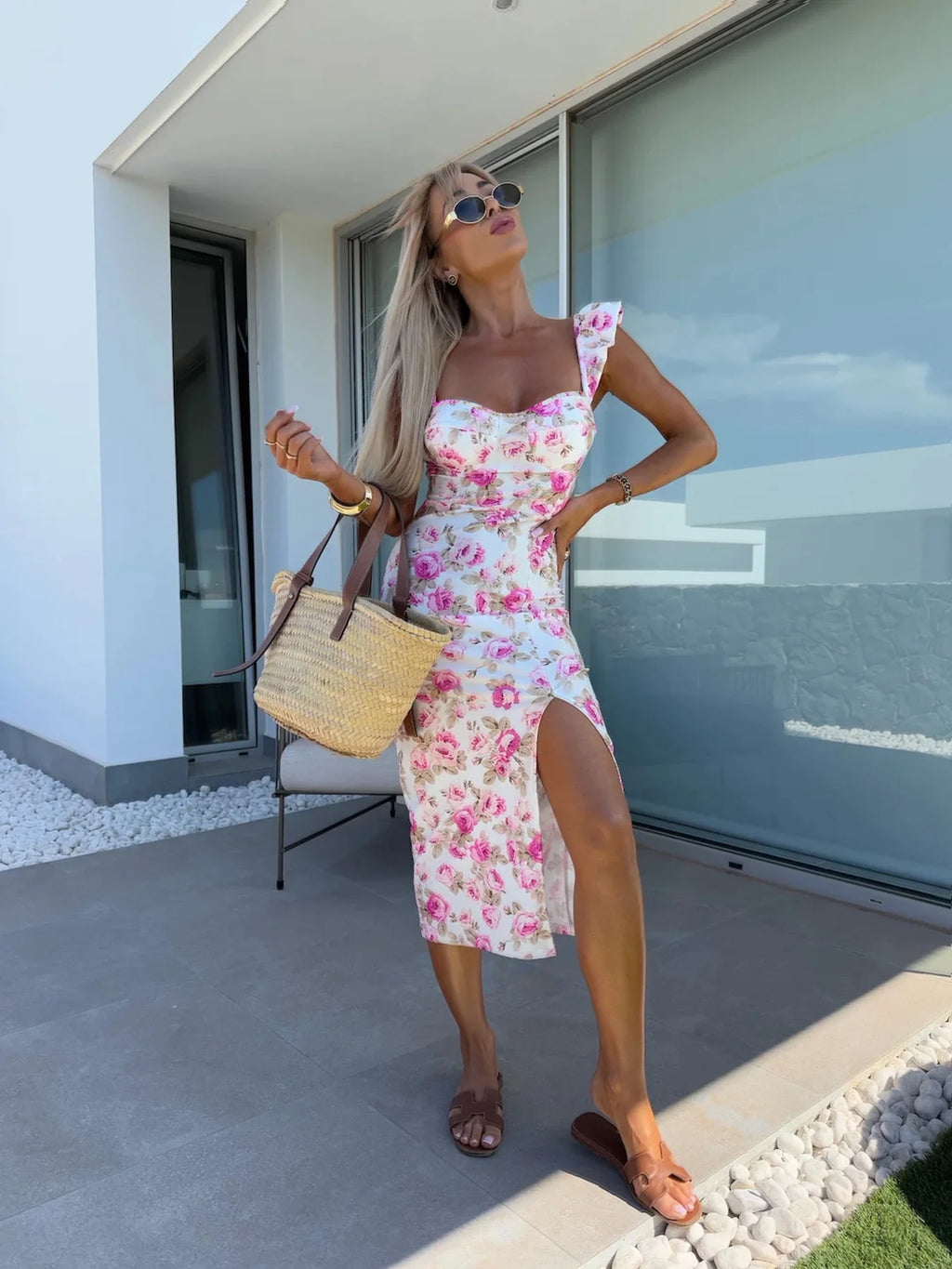 New European and American summer elegant design French flower suspender slit midi-length ladies dress