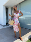 New European and American summer elegant design French flower suspender slit midi-length ladies dress