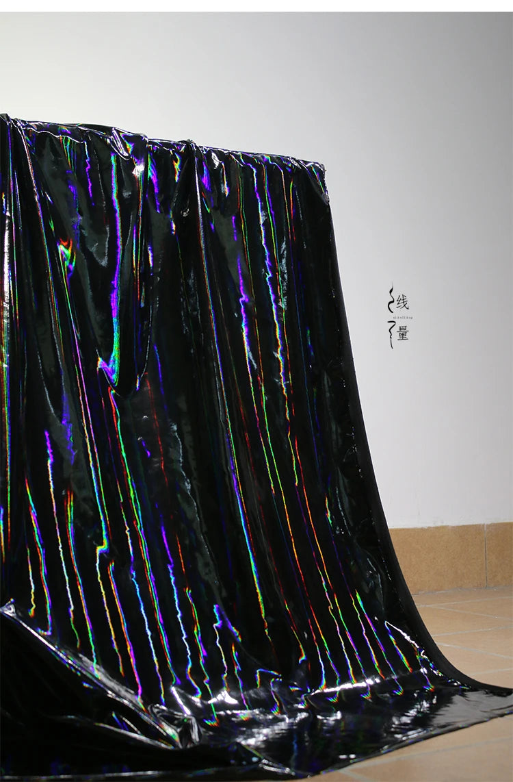 Black Iridescent Synthetic Leather Fabric Technology Oriented Micro Elastic TPU Fabrics Clothing Designer Cloth for Diy Sewing