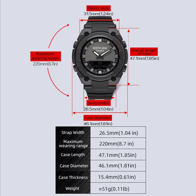 NORTH EDGE FORTRESS Men's Sports Watches Stopwatch Men's Digital Watches World Time Wristwatch relógios masculino Waterproof 50M