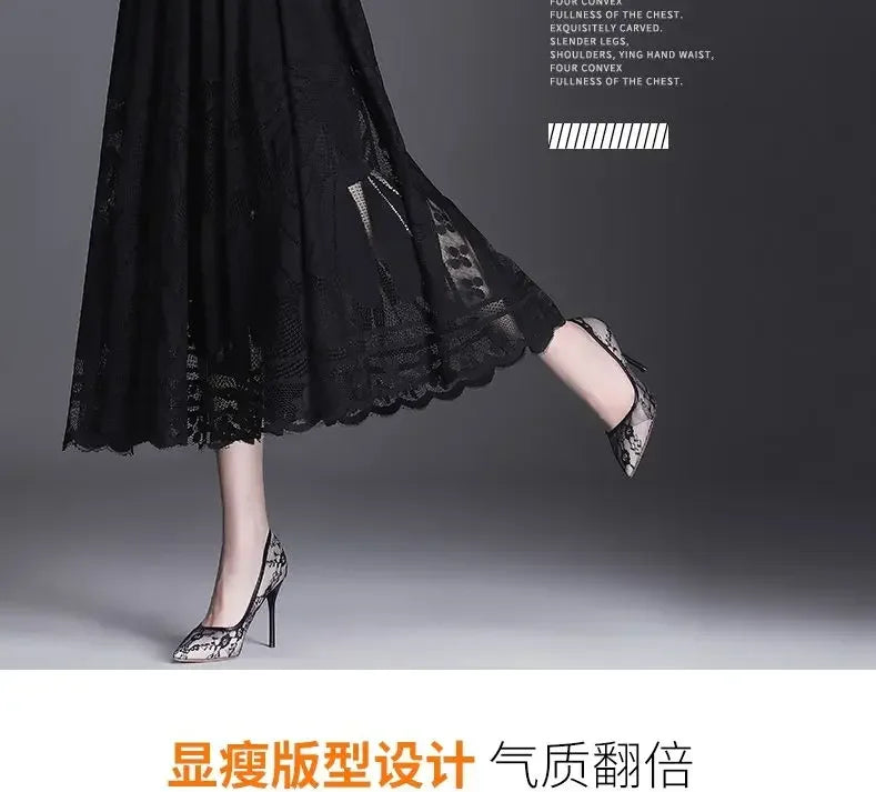Lace Skirt for Women New Style Popular Versatile A-line Midi Skirt for Large Mesh Hollow Fairy Pleated Skirt