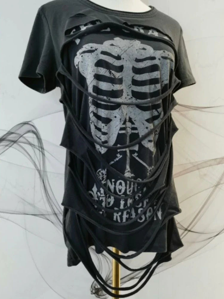 American Vintage Fake Two Pieces T-Shirt Women Streetwear Hip Hop Gothic Harajuku Grunge Y2k Crop Tops Black Skull Punk Tees