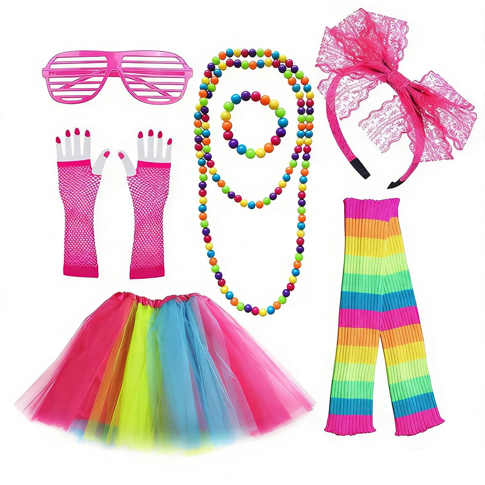 1980S Glittering Apparel Rainbow-Themed Accessories 70S Rainbow Ballet Skirt Headpieces Gloves Necklaces Carnival Halloween Sets