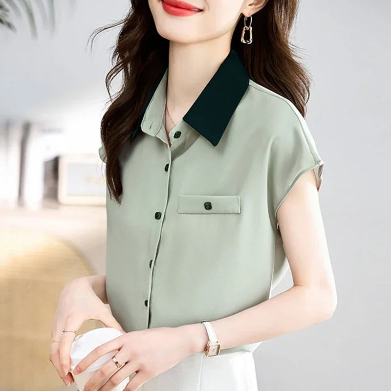 Elegant Lapel Button Spliced All-match Shirt Women's Clothing 2025 Summer New Loose Casual Tops Short Sleeve Office Lady Blouse