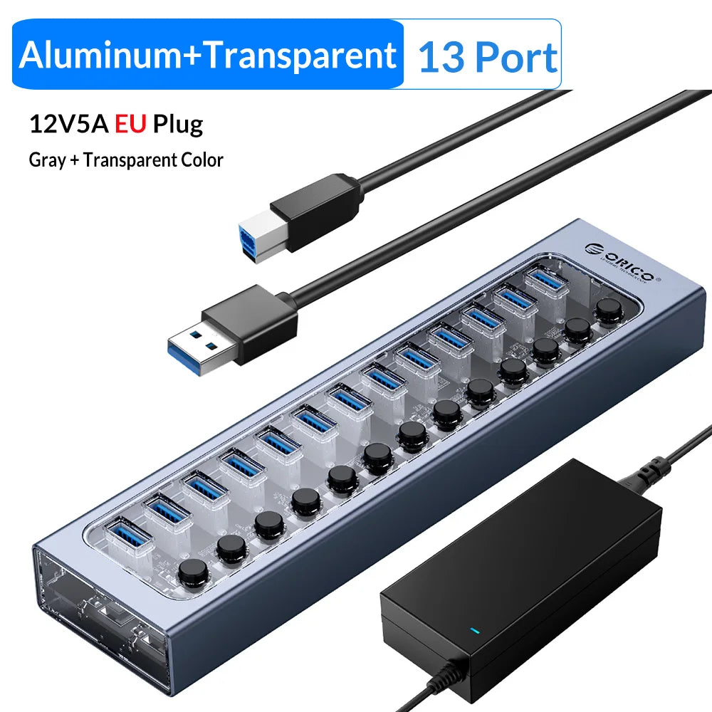 ORICO Industrial USB 3.0 HUB 7/10/13/16 Aluminum USB Splitter On/Off Switch With 12V Power Adapter Support Charging for Computer