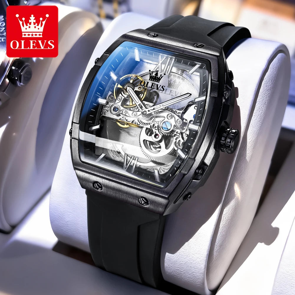 OLEVS 6779 Man Watch Skeleton Luxury Tonneau Mechanical Watches For Men Waterproof Silicone Strap Automatic Hand Clock Gifts Box