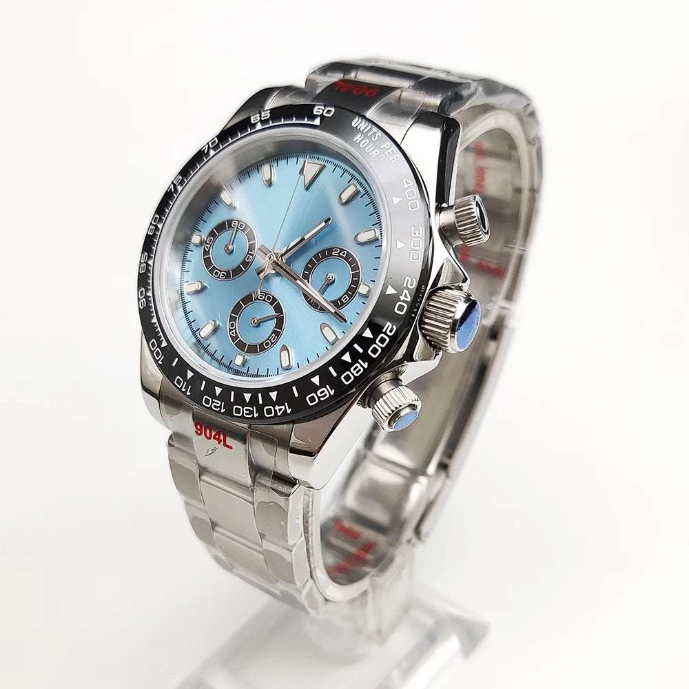 Luxury 39mm Rose gold Quartz Watch Men's Timing Sapphire Crystal VK63 Movement Calendar Luminous Blue Dial Stainless Steel Stra