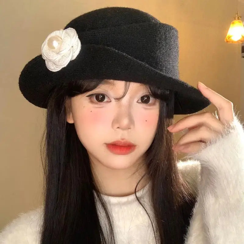 Elegant Autumn/Winter Retro-Styled Ruffled Camellia Heiress Hat for Women, French-style Fishermen's Top Hat.