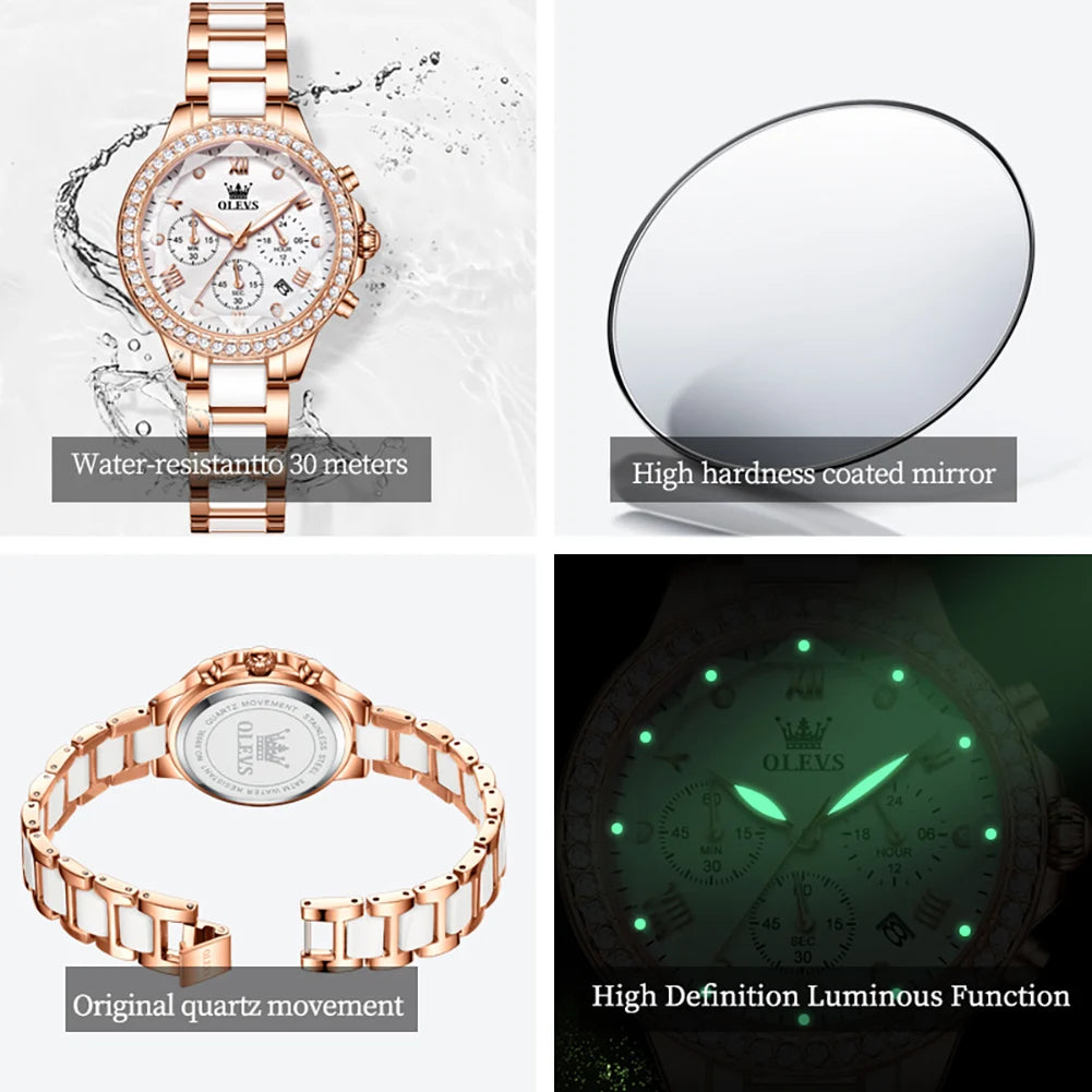 OLEVS Diamond Quartz Watch for Women Luxury Elegant Ceramics Strap Rhombic Mirror Ladies Wristwatch Waterproof Chronograph Clock