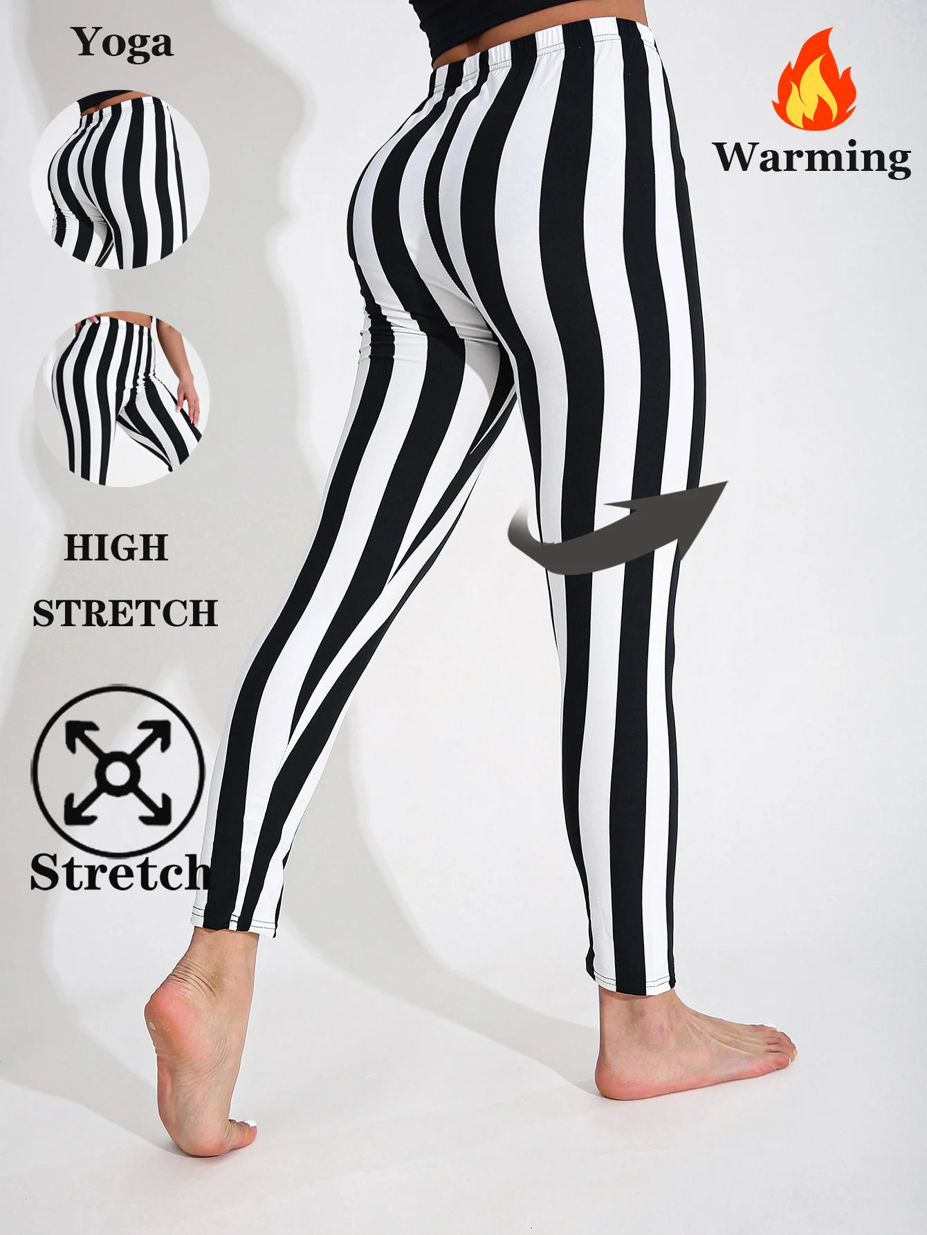 Autumn Winter 1PACK Women's Black White Thick Strip Velvet Thickened Sexy Tight Legging Casual Sports Elegant Fitness Yoga Pants