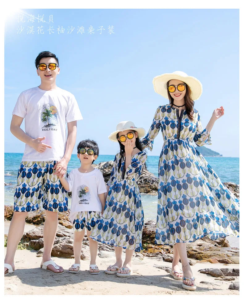 Vacation Look Family Matching Clothes for Parents and Children Outfits Daughter Mom Dress Son Dad T Shirts Shorts Two Piece Sets