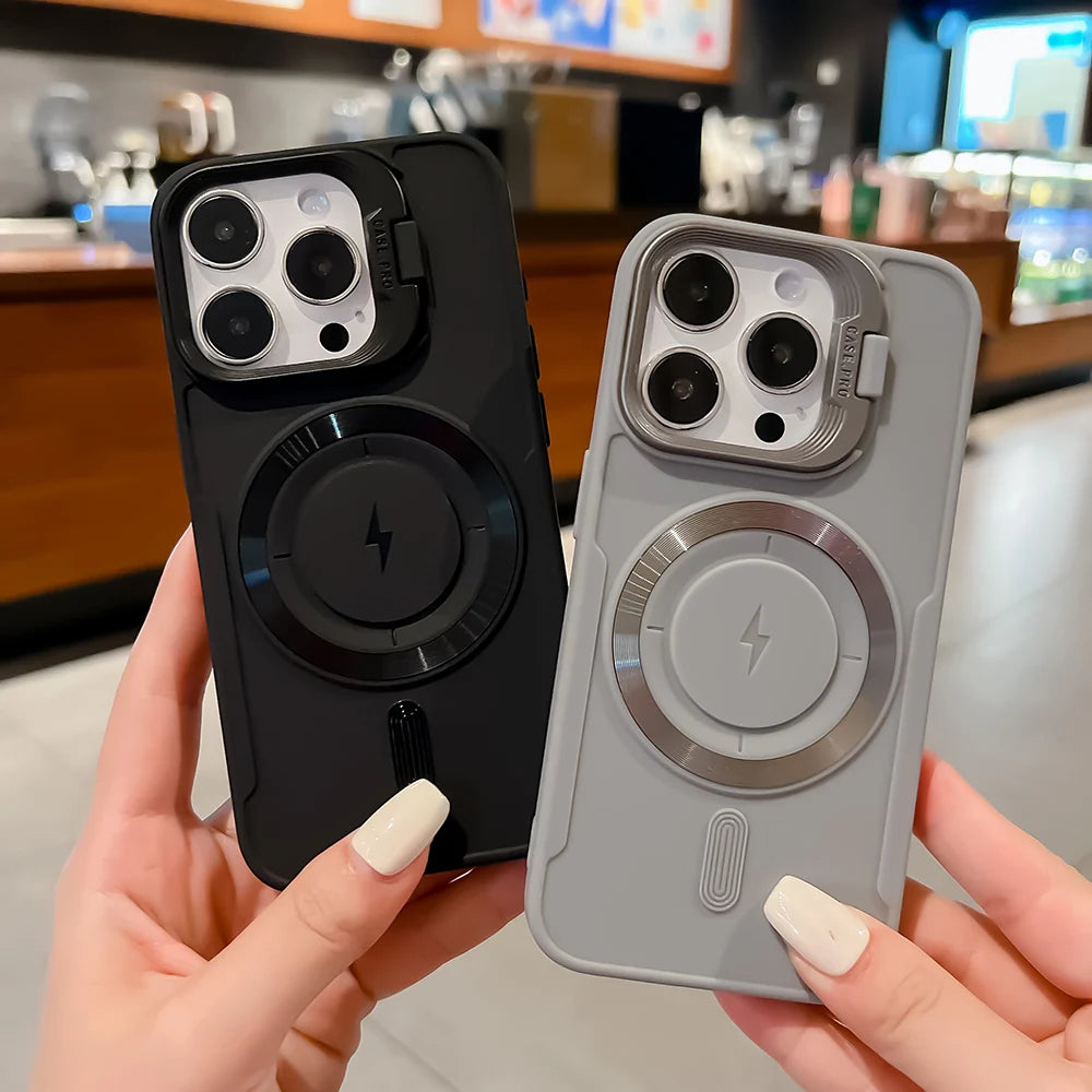 Luxury Flip Up Lens Holder Magnetic Case For iPhone 17 Air 16 Pro Max 14 15 13 12 11 Pro Plus Magsafe Charge Soft Silicone Cover