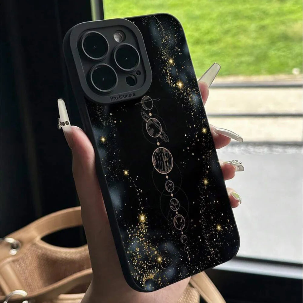 Precise Hollow Moon Star Planet Glitter Eclipse Painted Phone Case For iPhone 17 16 Pro Max 15 14 13 12 11 XS XR 7 8 Plus Cover